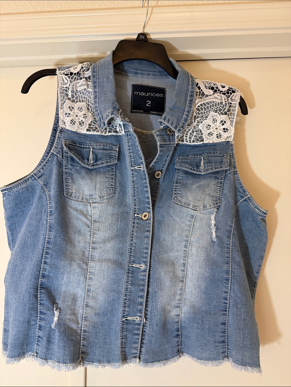 Maurices Light Blue Denim Vest with White Lace Shoulders